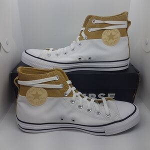 Converse High-Top Sneakers in White and Tan